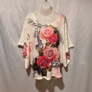 Butterfly Sleeve Semi Sheer Top Rose Print Size Large